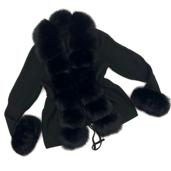 Real fox fur cardigan genuine fur collar trench coat parka jacket wool cape blaz - Picture 9 of 12